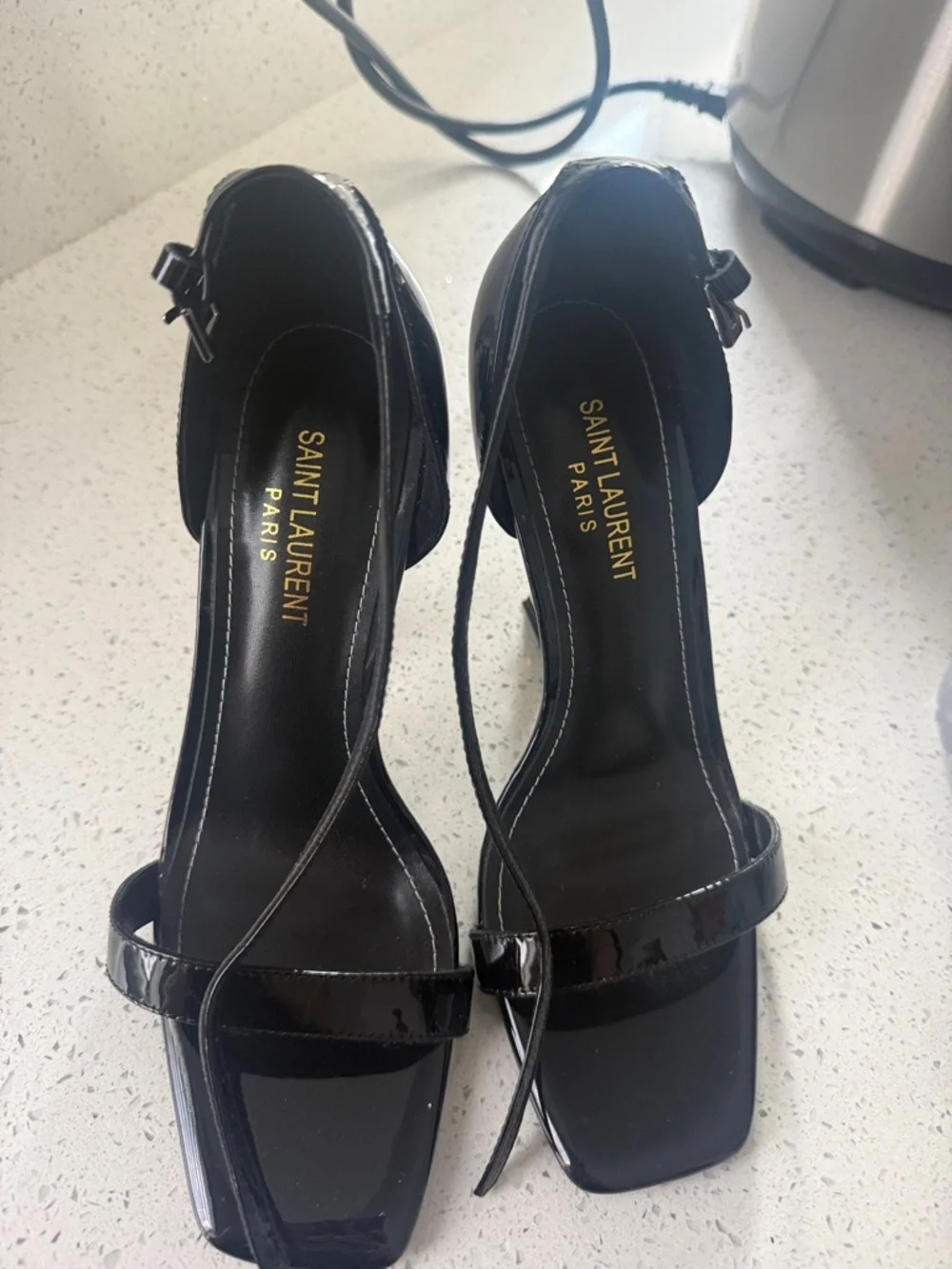 Saint Laurent Black Patent Opyum Logo-Heel Sandals - Picture 2 of 6